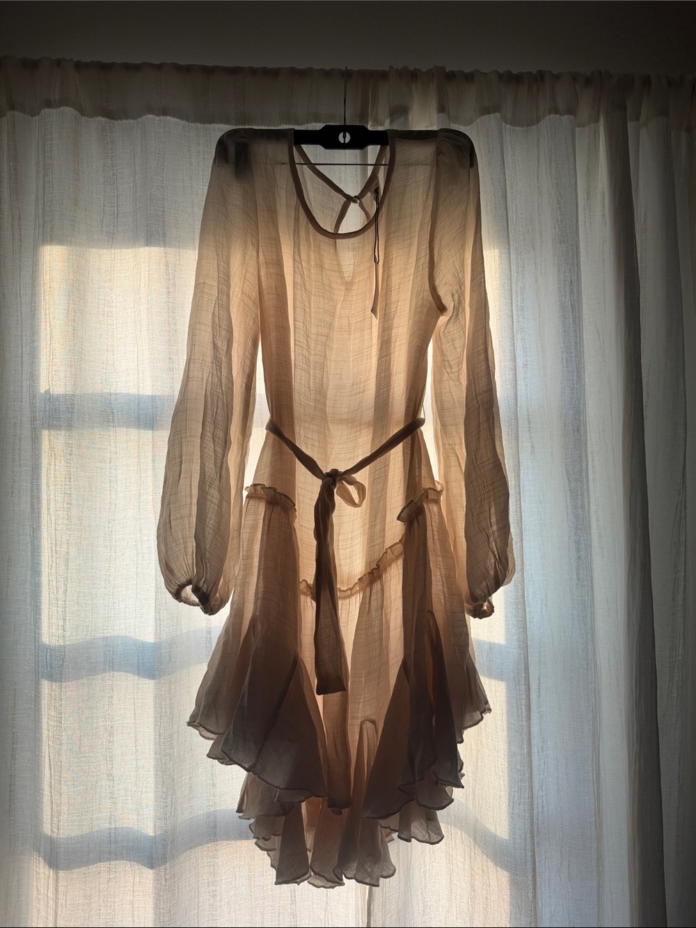 Sheer Taupe Tiered Long-Sleeve Tie-Waist Dress